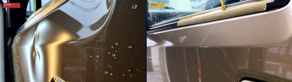 助手席ドア上部プレスラインの凹み デントリペア修理のビフォーアフター